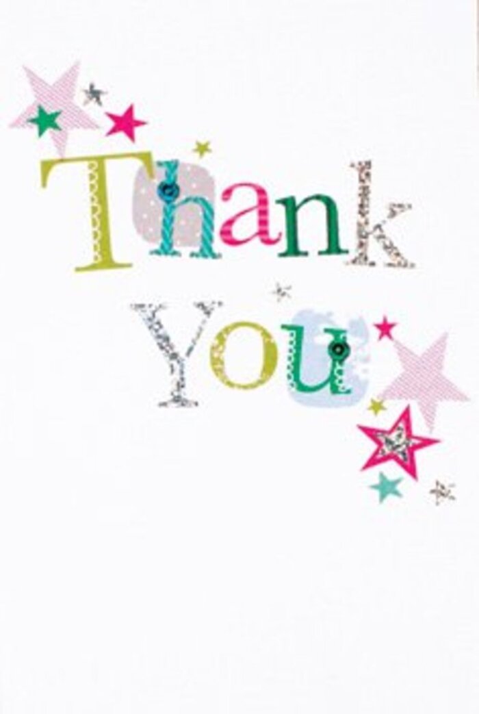 With understated exuberance, the typography of this thank you card feels at home among the graceful squares and refined cafes of Bloomsbury. Each letter radiates uniqueness-some playful with curving lines and polka dots, others almost lyrical in their graceful arcs-arranged in a modern patchwork of lively greens, pinks, and blues. Vibrant stars, resplendent in shimmering pink, deep turquoise, and elegant silver, cluster near the inscription as if bestowing extra blessing, reminiscent of the flourish of autumn leaves in Gordon Square. The composition is airy and current, floating on a pristine white field that lets each vibrant nuance glow. This card's design suggests neither strict formality nor easy informality, making it an inspired choice for expressing universal gratitude across Bloomsbury's diverse, intellectual community. Whether delivered alongside a bouquet to the doorsteps of Great Ormond Street or slipped into a book at Senate House Library, it radiates the gentle warmth of a neighbour's thanks-a quiet act of appreciation rendered unforgettable by Bloomsbury Florist's thoughtful touch.