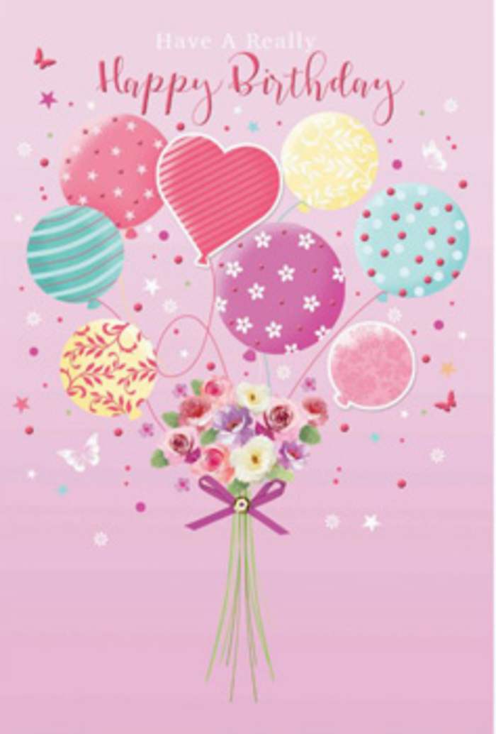 Heartwarming illustrated birthday card scene featuring a pastel bouquet of balloons and fresh-looking flowers, evoking the creative spirit of Bloomsbury's galleries and garden squares. The background is a soft, rosy pink, calming and almost velvety, like the walls of a cosy café tucked behind Russell Square. At the base of the composition is a dainty, hand-tied bouquet composed of petite roses and soft, daisy-like blooms. Their petals are shaded delicately from cream to blush and deeper rose, with hints of lavender, giving the impression of morning light touching each flower in a quiet London courtyard. The stems gather together in a neat bundle, secured with a gleaming purple ribbon tied in a generous bow, its satin texture suggested through gentle highlights and shadow. Rising from this bouquet are slender, illustrated strings that connect to a cluster of balloons hovering above. The balloons are decorated in a variety of playful patterns: twirling ribbons, petite polka dots, and small floral motifs, all rendered in pastel tones of seafoam, lemon yellow, lilac, and pink. One prominent balloon, slightly larger and more central, adds focus and a note of affection, almost heart-like in shape. Tiny stars and hints of butterflies drift around the balloons, as if the whole scene were a birthday daydream floating above the tree-lined avenues near the British Library. The mood is one of gentle jubilation-sweet, artistic, and thoughtfully composed-ideal for someone in Bloomsbury who treasures both flowers and the quiet romance of a beautifully illustrated card.