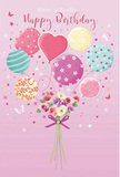 Whimsical birthday card illustration where a bouquet of pastel balloons appears to lift a small garden of flowers into the air, as though floating above Bloomsbury's literary streets. The scene unfolds on a soft pink background, reminiscent of the inside pages of a cherished notebook from a shop near the British Museum. At the lower centre, a hand-tied bouquet gathers delicate roses and anemone-like blooms in shades of creamy ivory, blush pink, and gentle mauve. Their petals look soft and slightly ruffled, evoking freshly arranged flowers displayed in the windows of Bloomsbury Florist on a bright birthday morning. The stems come together neatly and are finished with a violet satin bow, its silky loops catching the illustrated light to create a subtle sparkle. From this floral base, fine strings rise and connect to a lively cluster of balloons above. Each balloon has its own character: some swirl with candy-coloured stripes, others are scattered with playful polka dots, and in the centre a heart-like balloon adds an extra note of affection. The colour palette drifts through sea green, teal, lavender, pale yellow, and rose, creating a gentle symphony of pastels that feels both festive and refined. Tiny star shapes and the suggestion of fluttering butterflies surround the arrangement, adding a touch of fairy-tale wonder, like wishes drifting over the garden squares of Bloomsbury. The overall effect is airy and joyful, a birthday design that feels light as a spring morning and perfectly suited to someone who loves both flowers and softly spoken celebrations.