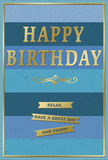 The photograph showcases an elegant birthday card whose cool blue tones and warm gold accents harmonise as naturally as flowers and books in a Bloomsbury sitting room. The card's background is arranged in wide, horizontal stripes, each band a distinct but related shade of blue, progressing from a deep navy frame at the top and bottom through softer denim and teal into a paler, airy blue at the center. This calm gradient draws the eye inward to the main message: HAPPY BIRTHDAY, set in large, embossed capital letters of gleaming gold. The metallic text catches the light gently, giving a sense of celebration without overpowering the soothing backdrop. Directly beneath the greeting, a graceful golden flourish curls in an ornamental arc, echoing the flourishes of classic calligraphy or the decorative lines in an old first edition. Below that, three slender gold banners are perfectly aligned, each ribbon bearing a segment of the warm, relaxed wish: Relax, have a great day and enjoy! All the gold elements appear slightly raised from the surface, providing a pleasing contrast in both texture and shine against the matte, velvety blues. A fine gold line frames the entire card, giving the impression of a small, carefully bordered artwork. You can imagine this card standing beside a vase of seasonal flowers on a desk near Tavistock Square, the gold reflecting quiet afternoon light. Its overall feel is gentle and composed, ideal for sending birthday wishes that encourage the recipient to slow down, savor their day, and enjoy a little tranquil celebration.
